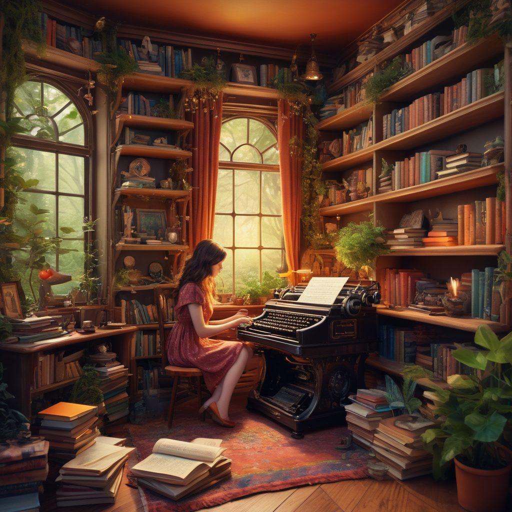 A whimsical illustration of a person sitting at a vintage typewriter, surrounded by floating words and story elements like enchanted forests and mythical creatures. The background features a cozy, inviting room with shelves filled with books and creative tools. Soft, warm colors should evoke a sense of inspiration and creativity. painterly style. vibrant colors. cozy atmosphere.