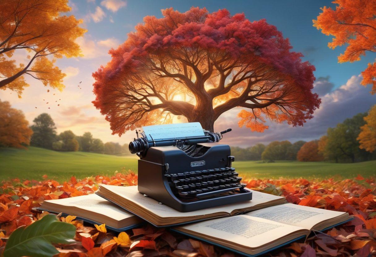 A luminous brain-shaped tree with colorful leaves representing diverse life experiences, surrounded by a typewriter, journal, and a glowing light bulb symbolizing ideas. The background features a pathway leading to a horizon filled with swirling clouds, depicting the journey of transforming thoughts into words. super-realistic. vibrant colors. dreamy atmosphere.